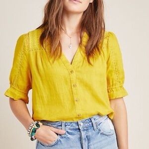 Anthropologie Maeve Magritte Yellow Linen Button Down Blouse Size 0